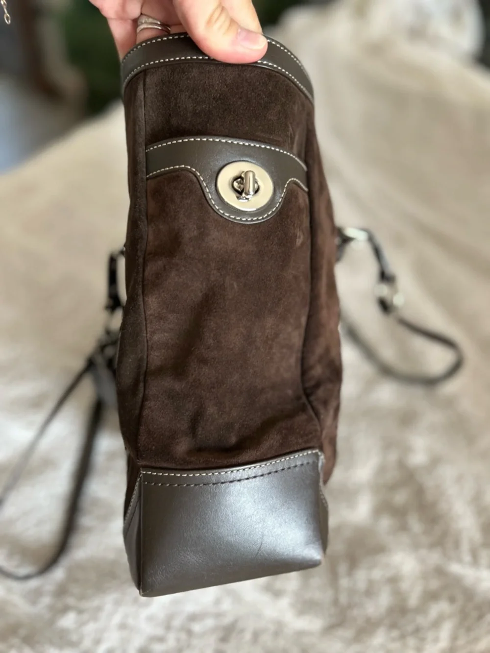 Coach Chocolate Brown Suede Tote with Leather Trim - Picture 14 of 14